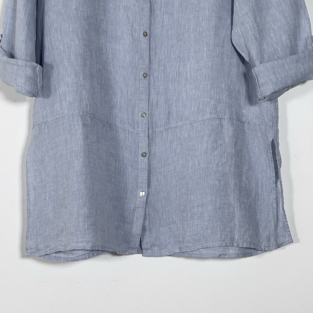 Tahari 100% Linen Tunic Shirt Womens Sz L Blue Roll Tab Sleeves Relaxed - Picture 3 of 12